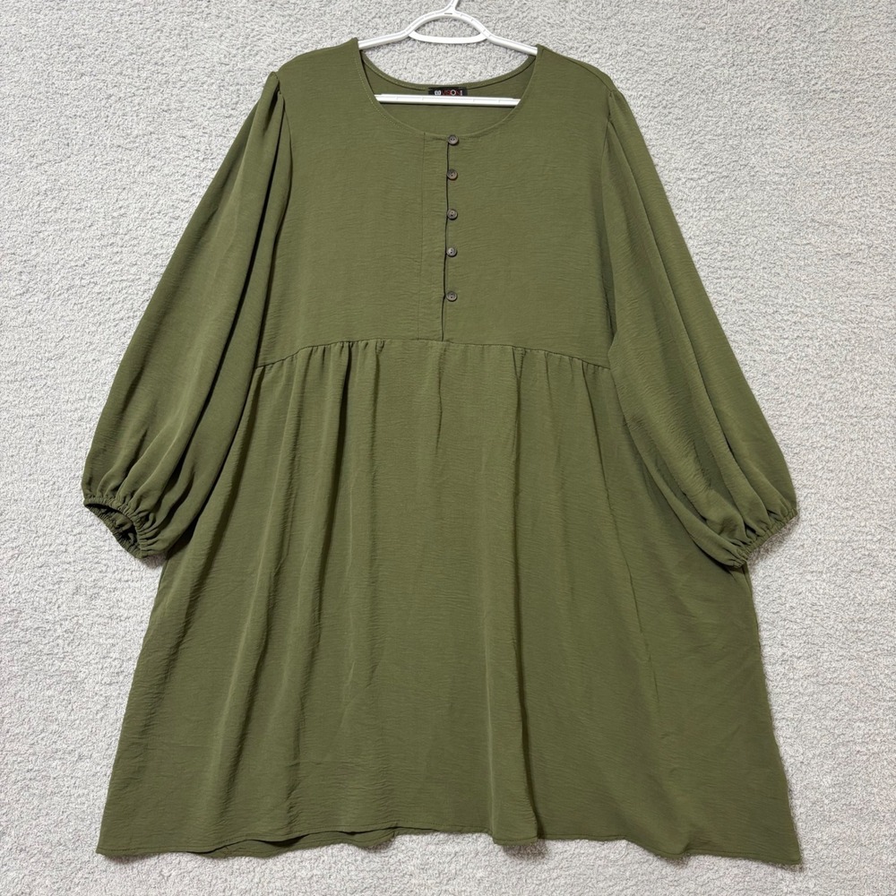 Comfortable Plus Size 2XL Olive Green Babydoll Dress Balloon Sleeve Made USA